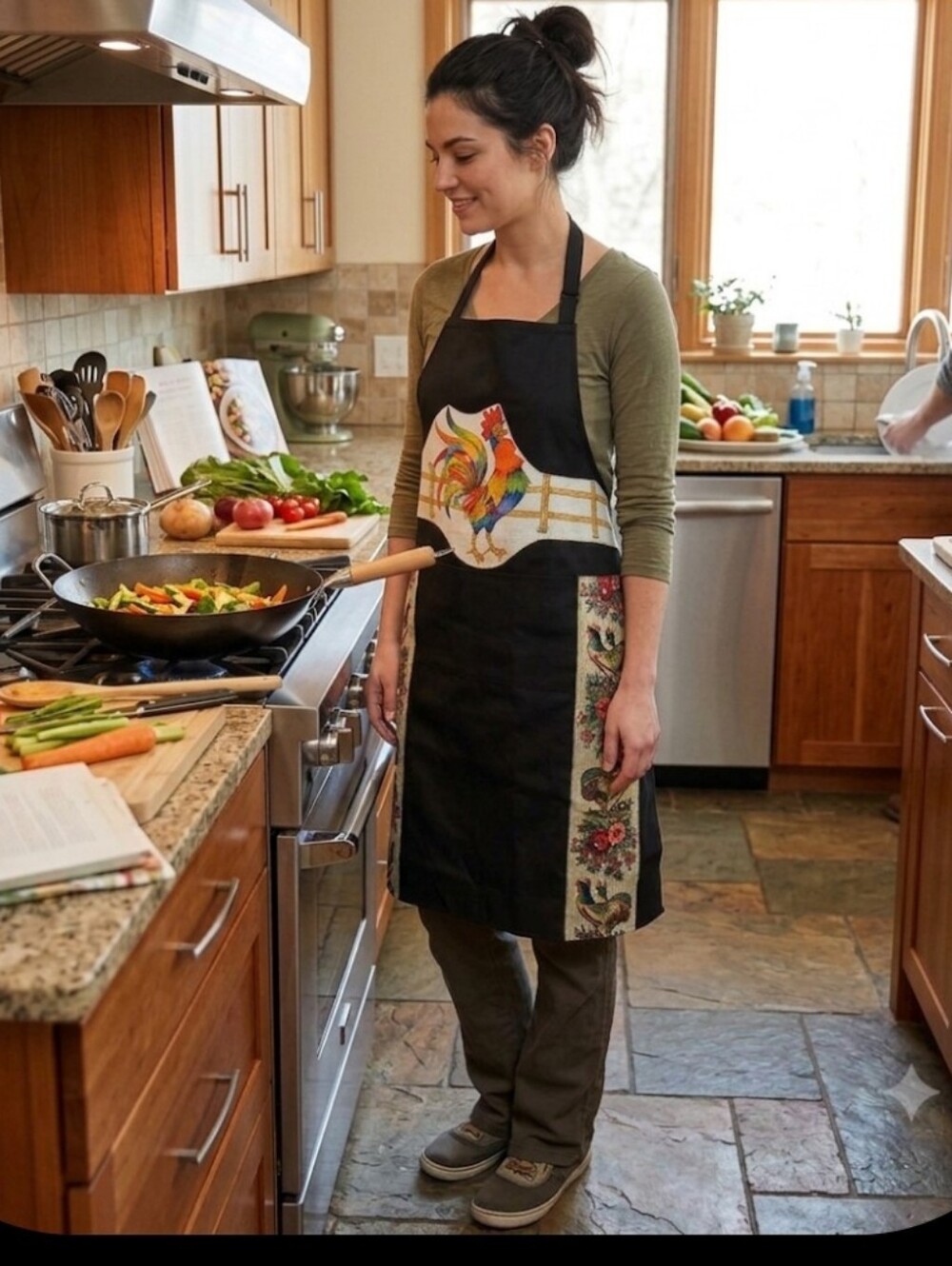 Upcycled Full Black Chef Apron One Sz Roosters Dont Throw It Out